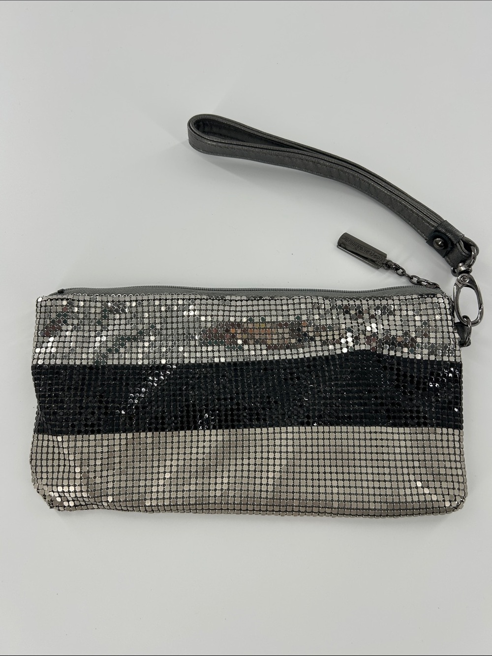Whiting & Davis Metal Mesh Wristlet Disco Y2K Black Silver Stripe clutch purse